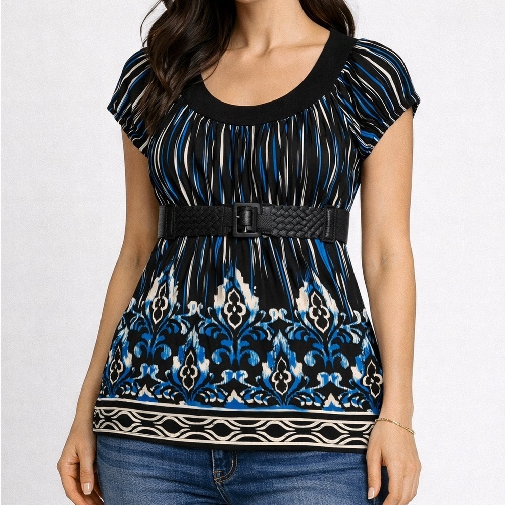 Heart Soul Black and Blue Patterned Blouse